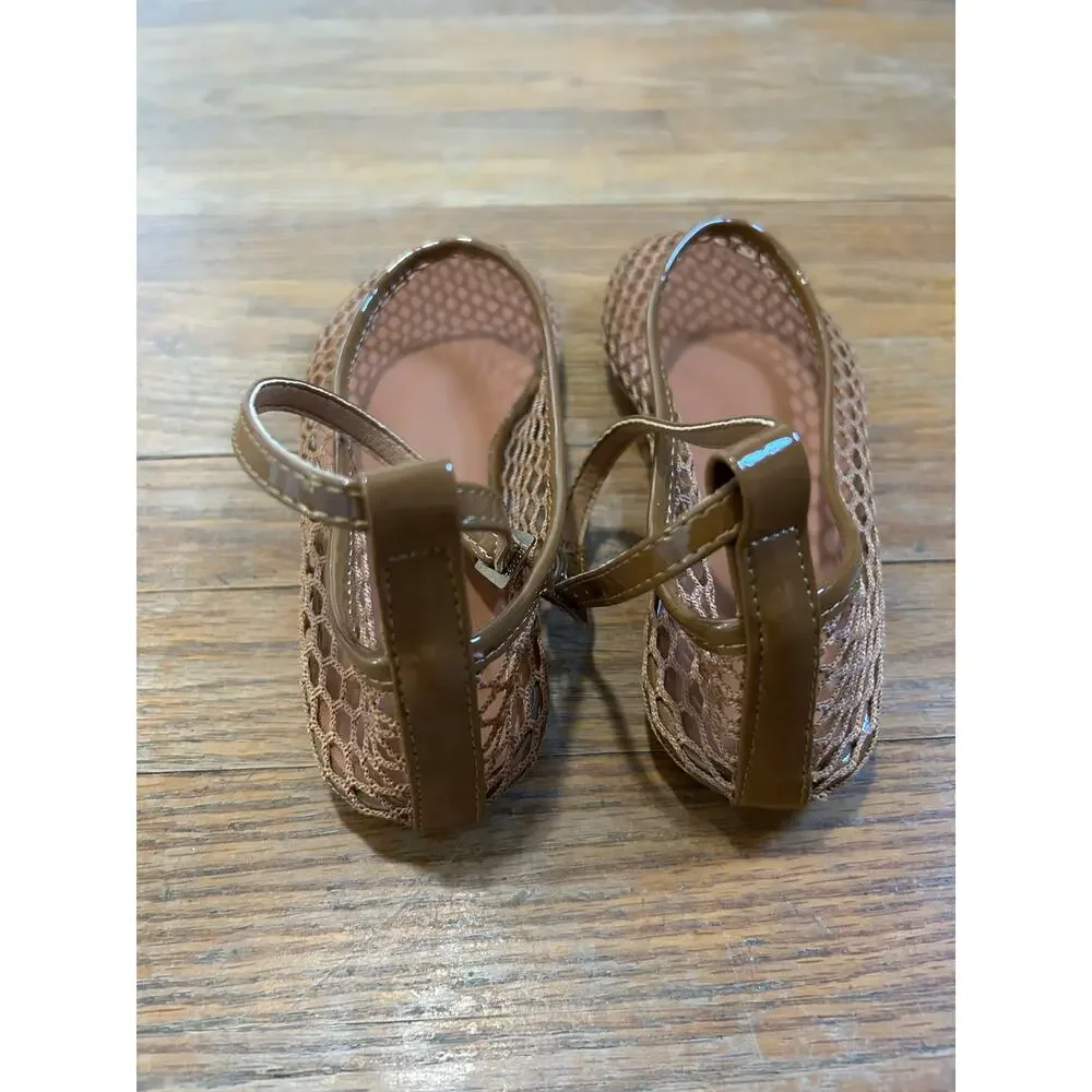 Mesh Ankle Strap Ballet Flats Mary Jane Size 7 Tan Round Toe NEW